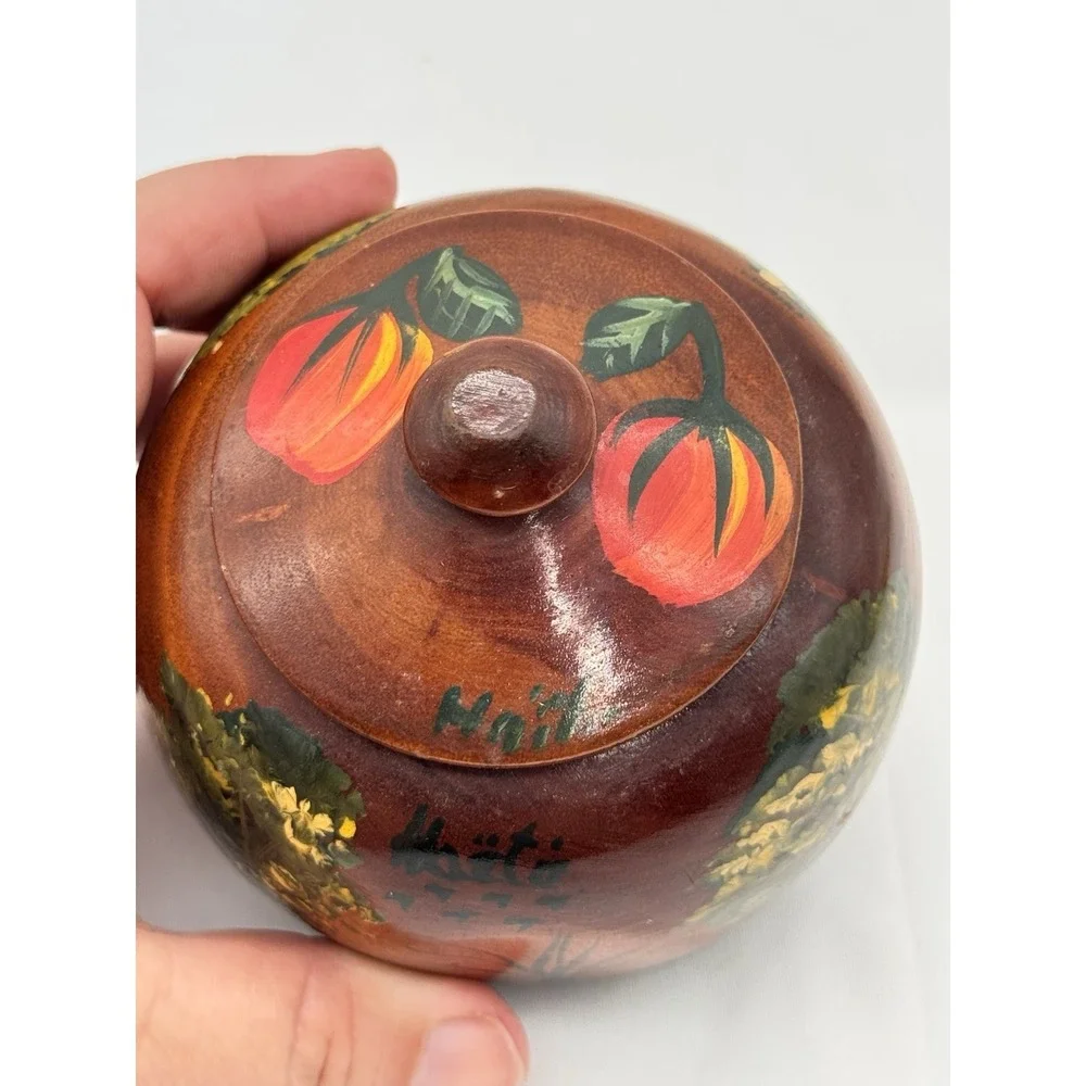 Hand Crafted & Painted Wooden Trinket Box, Spice Jar w/ Lid Folk‎ Art from HAITI